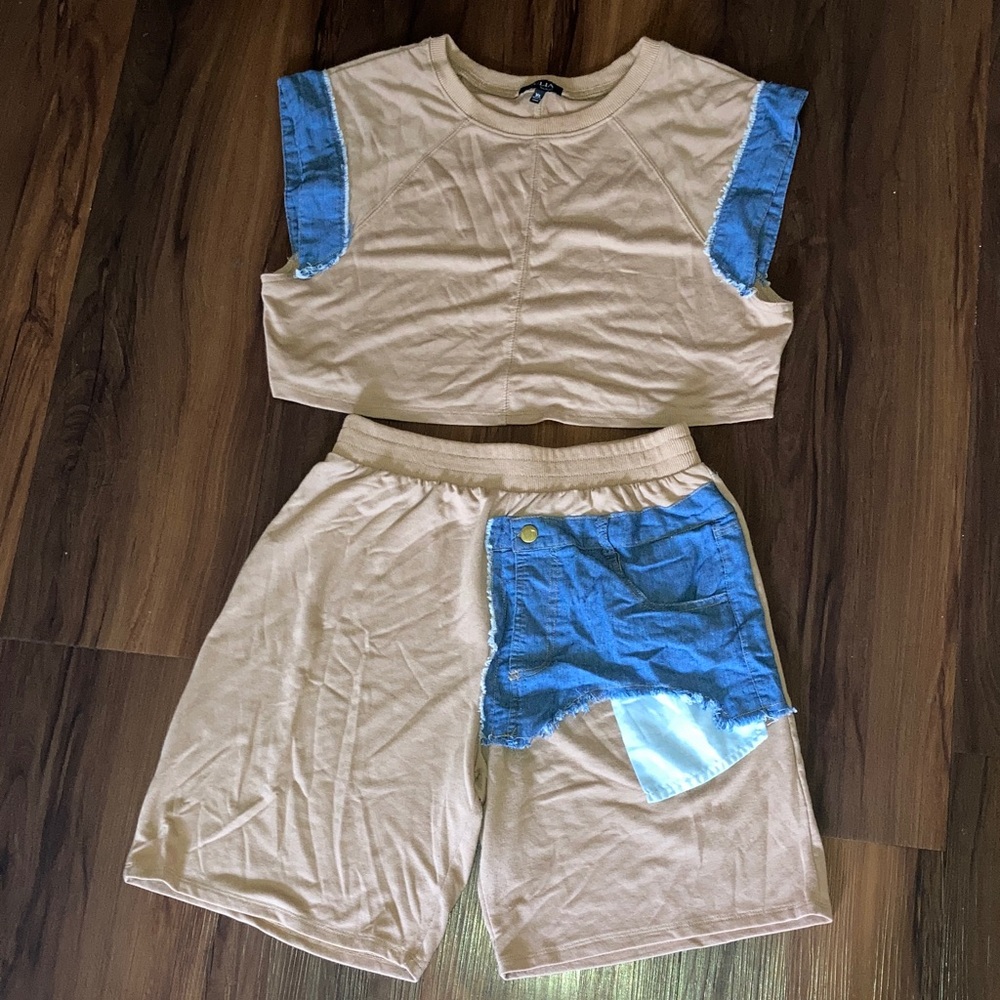 Chic Tan and Blue Denim Two-Piece Set